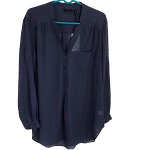 NEW NWT ZOA Navy Blue chiffon dot buttons down blouse size Large sleeve tabs
